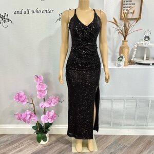 Eliza J Black Sequin Maxi Spaghetti Strap Evening Gown Dress Size 8 Slit Dress